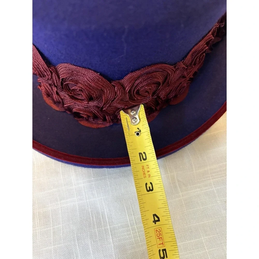 Vtg 80's Eric Javits NY Purple Wool Mad Hatter Hat~Womens~ Burgundy Flowers USA - Picture 9 of 14